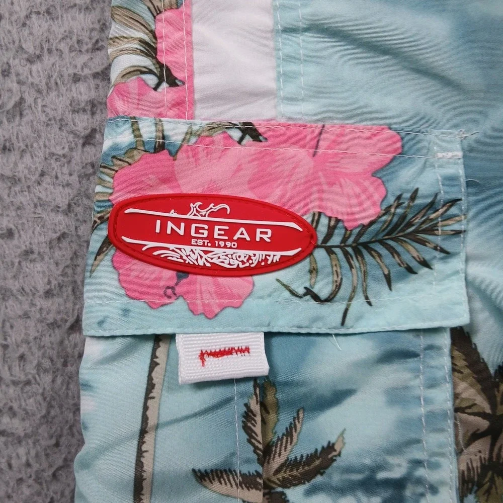 Ingear Mens Medium Tropical Hibiscus Cargo‎ Board Swim Shorts Mesh Liner EUC